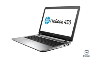 نمای کناری لپ تاپ HP ProBook 450 G3 با طراحی ساده و مستحکم، مجهز به پورتهای کامل و کیبورد جزیرهای