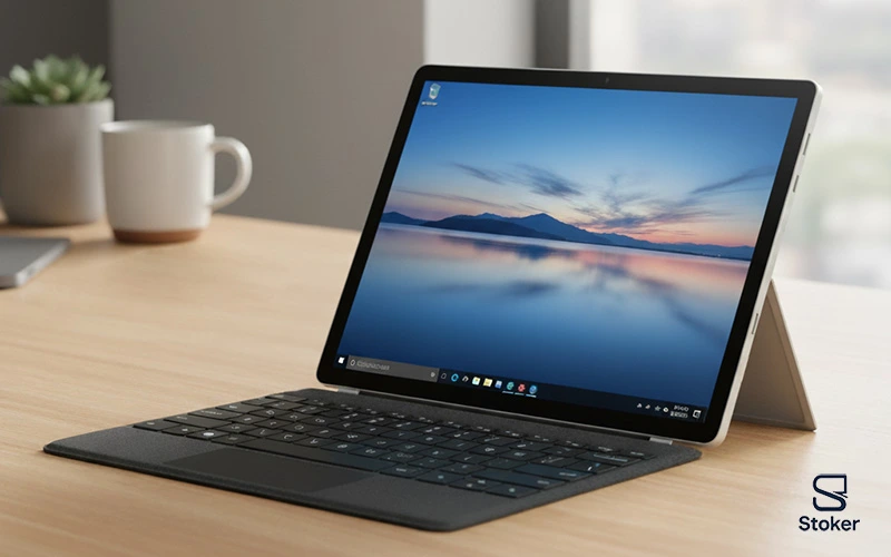 لپ تاپ استوک surface مدل pro 7 بر روی میز چوبی با صفحه روشن در کنار یک لیوان و گلدان