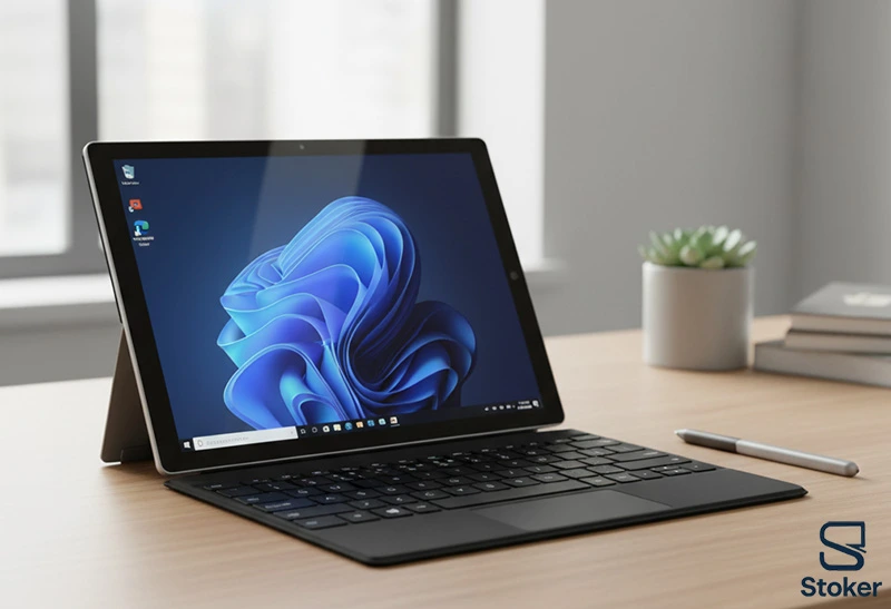 لپ تاپ Surface مدل Pro 7 با صفحه روشن که صفحه پیش فرض ویندوز 11 را نشان می دهد بر روی میز چوبی در کنار یک قلم و گلدان و 3 کتاب رو به روی پنجره در روز روشن و آفتابی