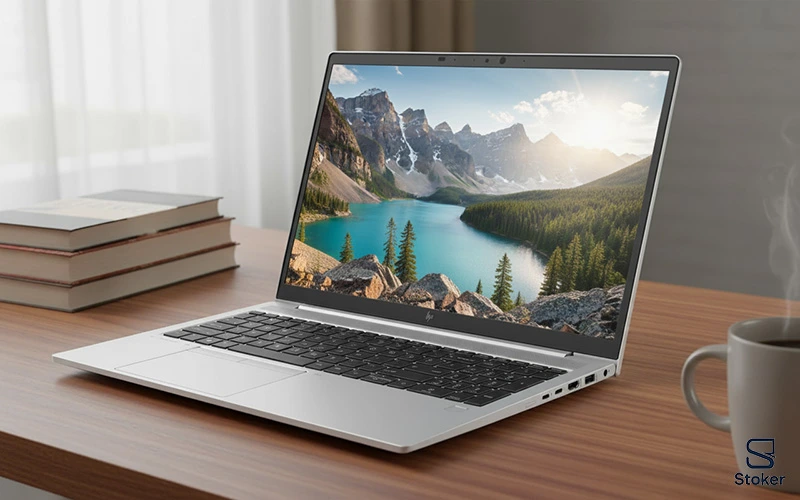 لپ تاپ HP Elitebook 850 G7 با صفحه نمایش روشن که یک منظره را نشان می دهد و بر روی میز چوبی در کنار یک لیوان قهوه گرم و سه عدد کتاب که رو به روی پنجره قرار دارند