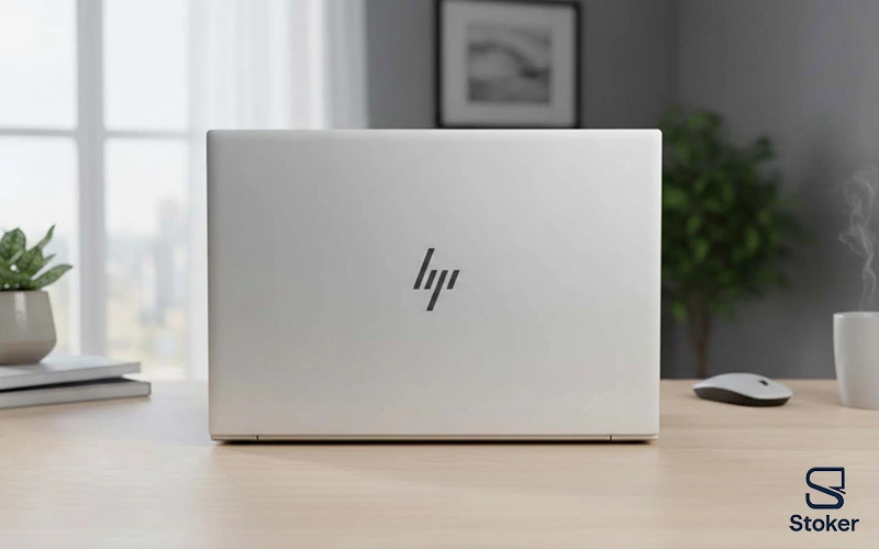 نمای پشتی لپ تاپ استوک HP Elitebook 850 G7 بر روی میز چوبی در کنار یک لیوان قهوه گرم با رنگ سفید و یک گلدان که بر روی یک دفتر قرار دارد در کنار یک ماوس سفید مشکی 