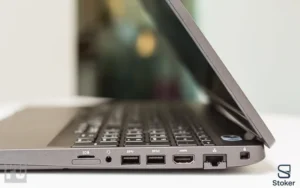 نمای نزدیک از سمت چپ لپتاپ استوک Dell Precision 3540. پورت‌های قابل مشاهده شامل: کارتخوان SD، جک 3.5 میلی‌متری صدا، دو پورت USB 3.0 Type-A، پورت HDMI، پورت اترنت (LAN)، و سوکت شارژر هستند.