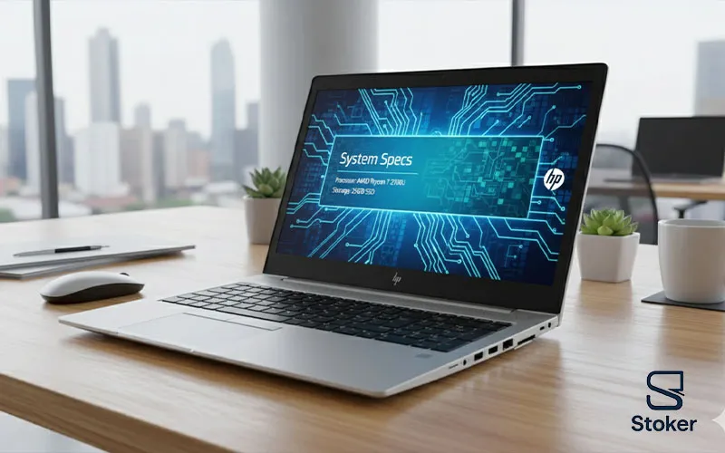 لپ تاپ استوک HP 755 G5 نمای روبهرو با صفحه نمایش روشن